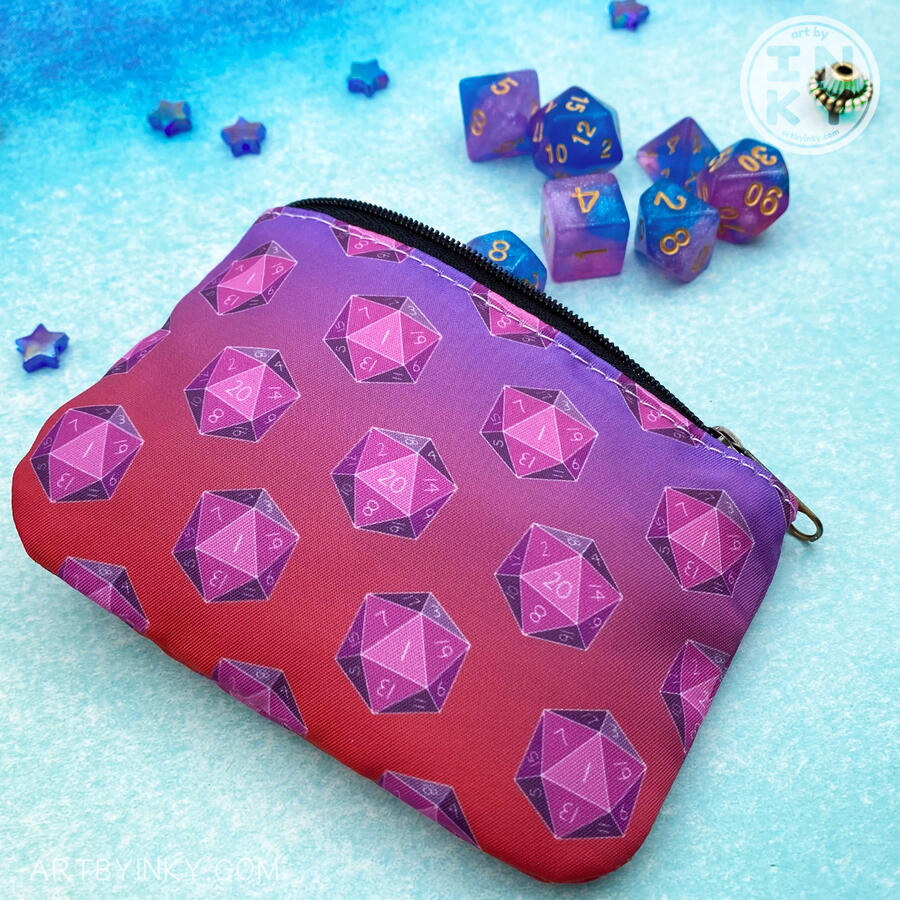 A purple and pink 20-sided dice coin purse on a blue background with dice spilling out of it.