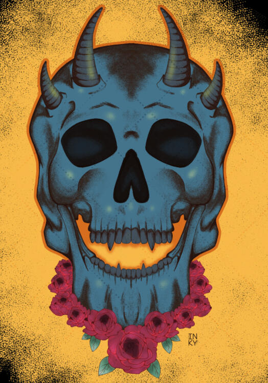 Skull Monster Digital illustration of a blue skull with horns against a golden flaked background. The skull has red roses wrapped around its chin.