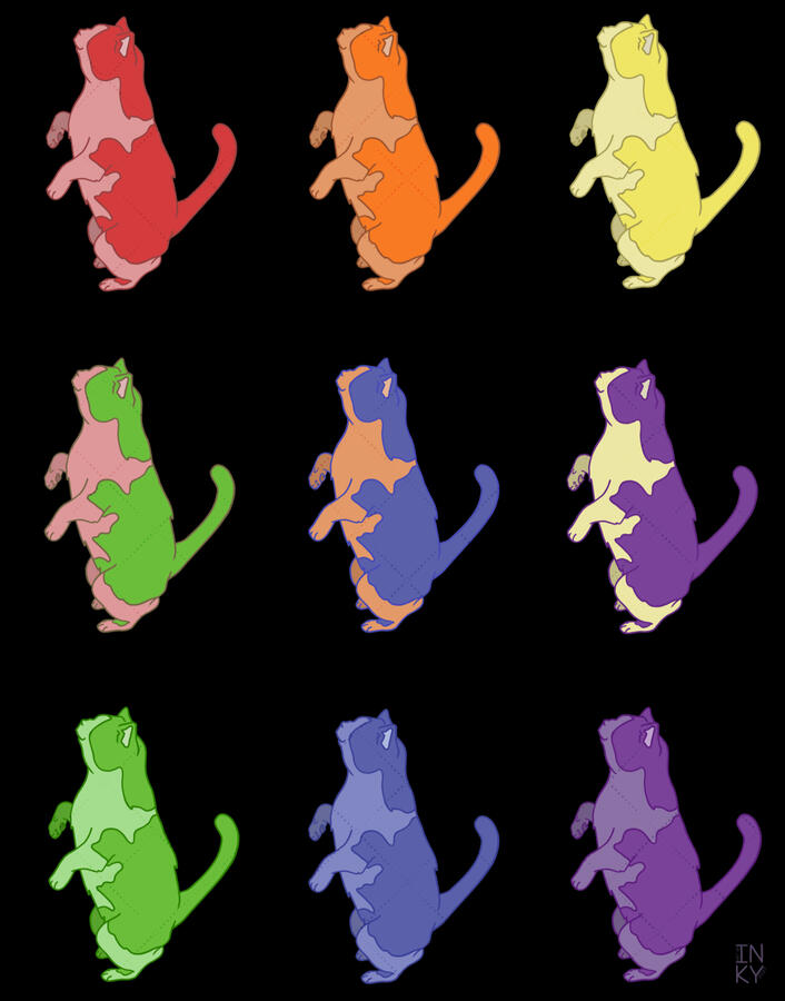 Digital illustration of cats with multicolor patterns, set against a black background.