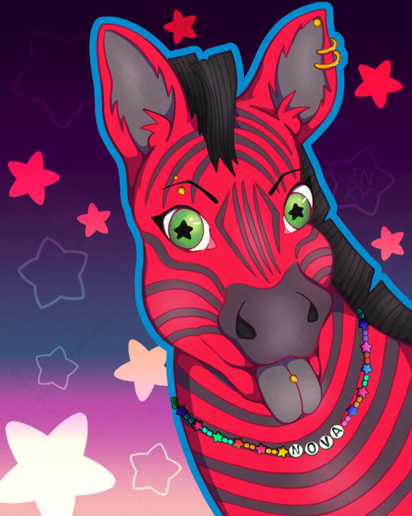 Digital illustration of a pink zebra fursona with a candy bead necklace featuring its name and gold piercings, set against a colorful starry background.