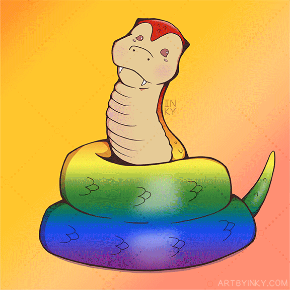 Pride Snakes A GIF of digitally illustrated snakes with different LGBTQIA+ pride colors. The snakes have 16 different colors in total.
