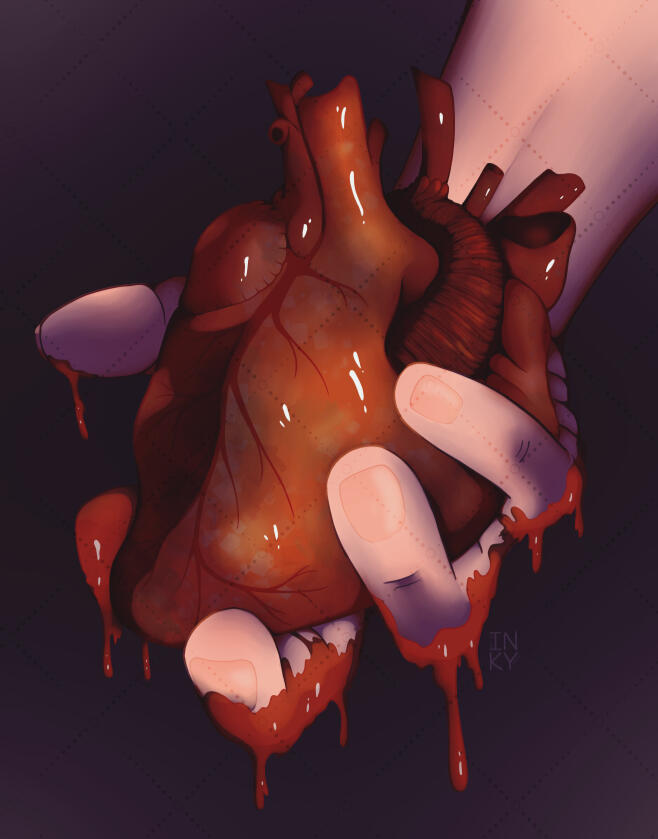 The Family Curse Digital illustration of a hand holding a bloody heart, set against a dark purple background.