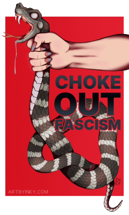Choke Out Fascism Poster An animated GIF of a hand with different skin colors and purple nails choking a black and white snake that is coiled up against a red background. The words "choke out fascism" are overlaid on it.