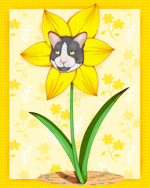 Daffodil Cat A digital illustration of a daffodil on a patch of dirt with a grey and white cat's head in the middle of the flower petals. The background is also yellow and has a checkered background with repeat flower pattern.