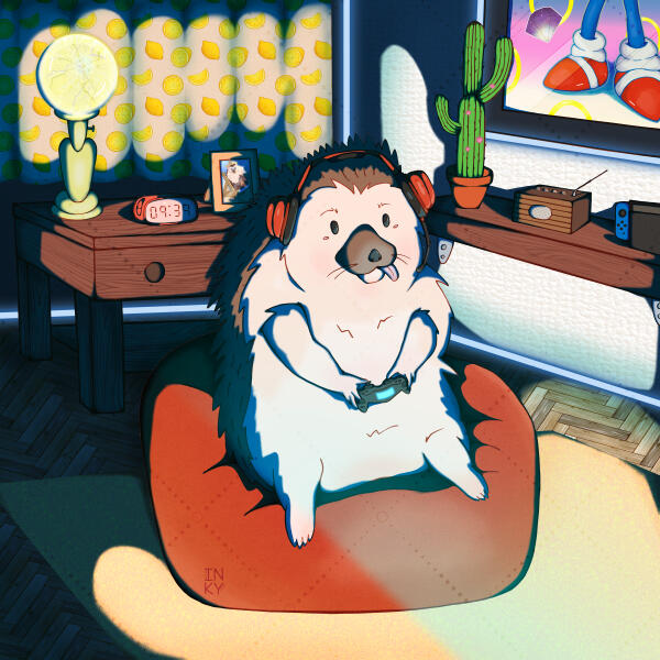 Digital illustration of a hedgehog playing video games on a red bean bag relaxing in a dark room. The scene features a bedroom with lemon pattern curtains and tech gadgets on shelves.