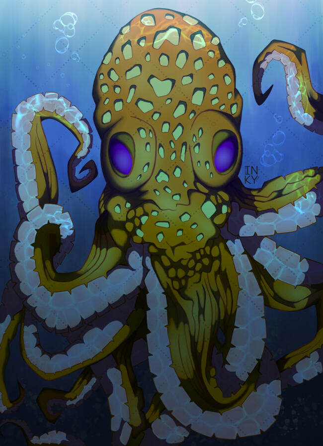 Octopus Digital illustration of an orange octopus with purple eyes underwater. The octopus is surrounded by soft waves and bubbles.