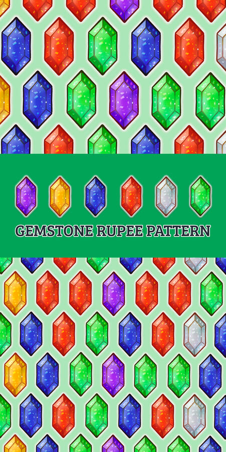Legend of Zelda Rupee Pattern Design Repeat pattern featuring colorful rupees from The Legend of Zelda, arranged in a seamless design with various colors.