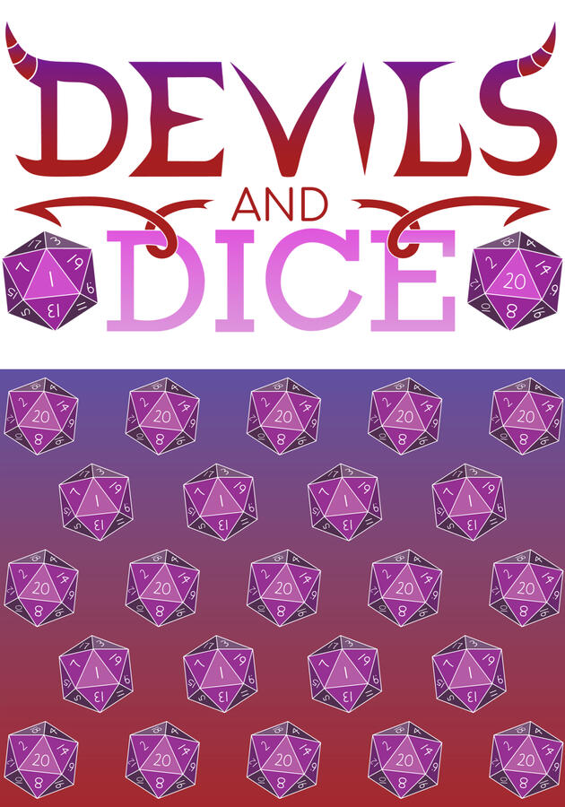 Dungeons & Dragons Dice- Logo and Pattern Design Logo and pattern layout featuring purple and pink Dungeons & Dragons dice, including a Nat1 die and a Nat20 die, arranged in a repeating design.