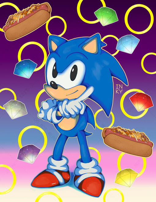 Digital illustration of Sonic the Hedgehog striking his iconic pose, surrounded by floating golden rings, chili dogs, and glowing Chaos Emeralds.