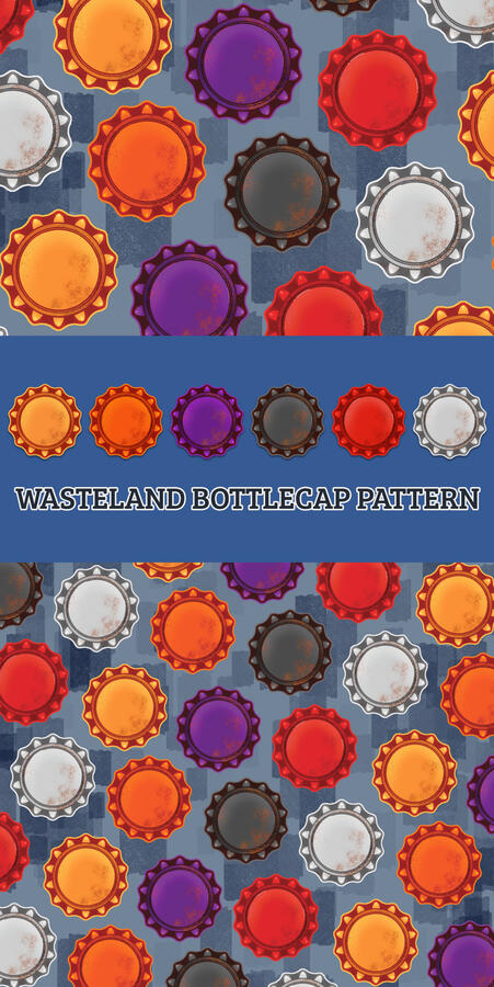 Fallout Bottlecap Pattern Design Repeat pattern featuring vintage and rusty bottlecaps from Fallout, arranged in a seamless design with various colors.