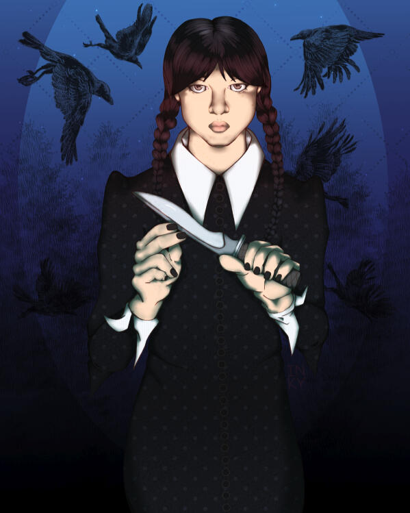 Wednesday Digital illustration of Wednesday Addams holding a knife against a dark blue background that has raven silhouettes.
