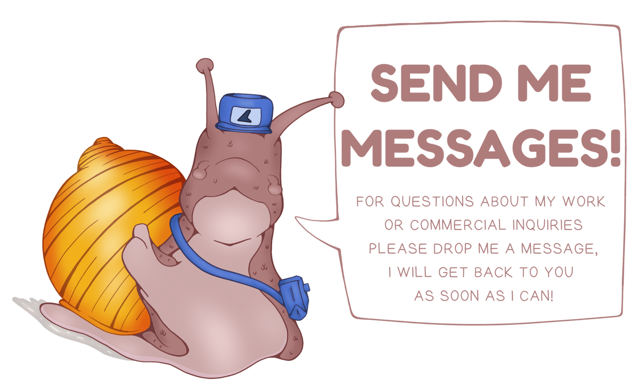 Snail Mail Illustration - Contact Me An original illustration of a snail with a mail uniform and a speech bubble saying 'Send me messages,' symbolizing the contact page.